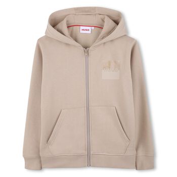 Boys Beige Logo Hooded Zip Up Top