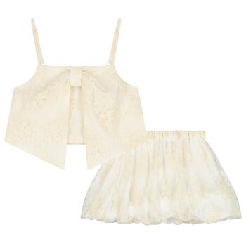Girls Beige Floral Skirt Set