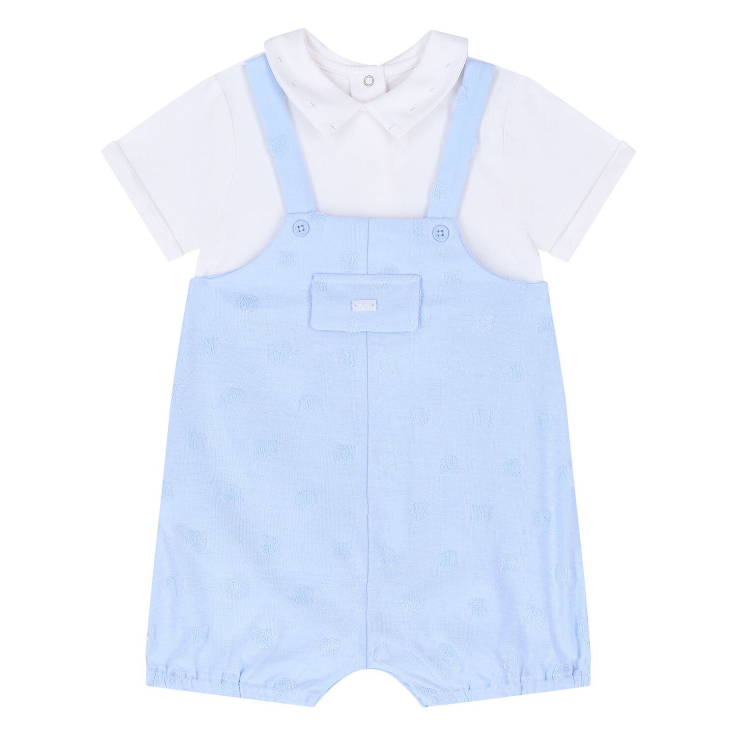 Baby Boys Blue & White Dungaree & Hat Set, 2, hi-res