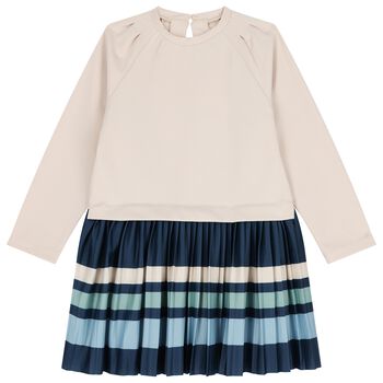 Girls Beige Striped Pleated Dress