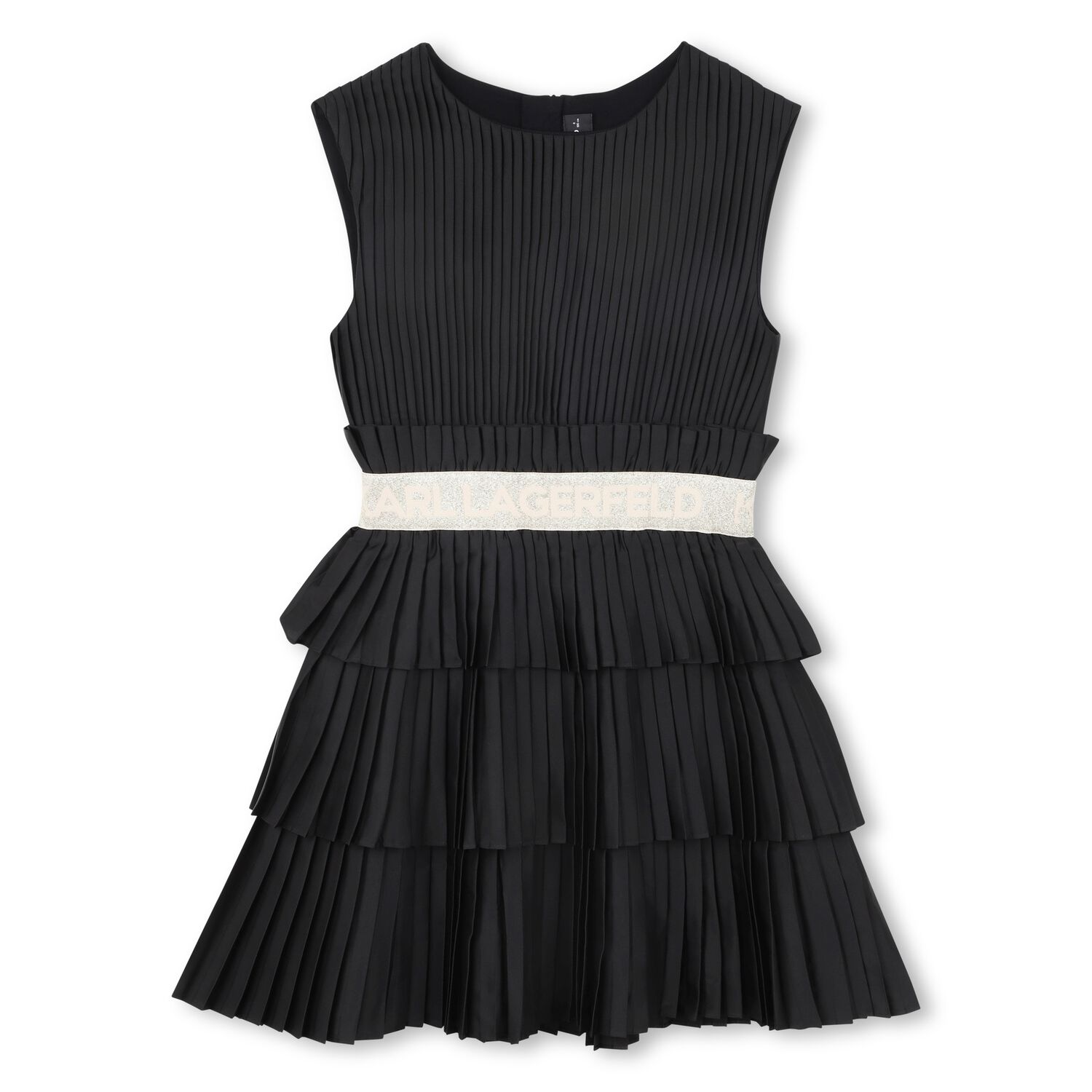 Girls Black Logo Pleated Satin Dress , 1, hi-res
