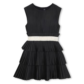 Girls Black Logo Pleated Satin Dress 