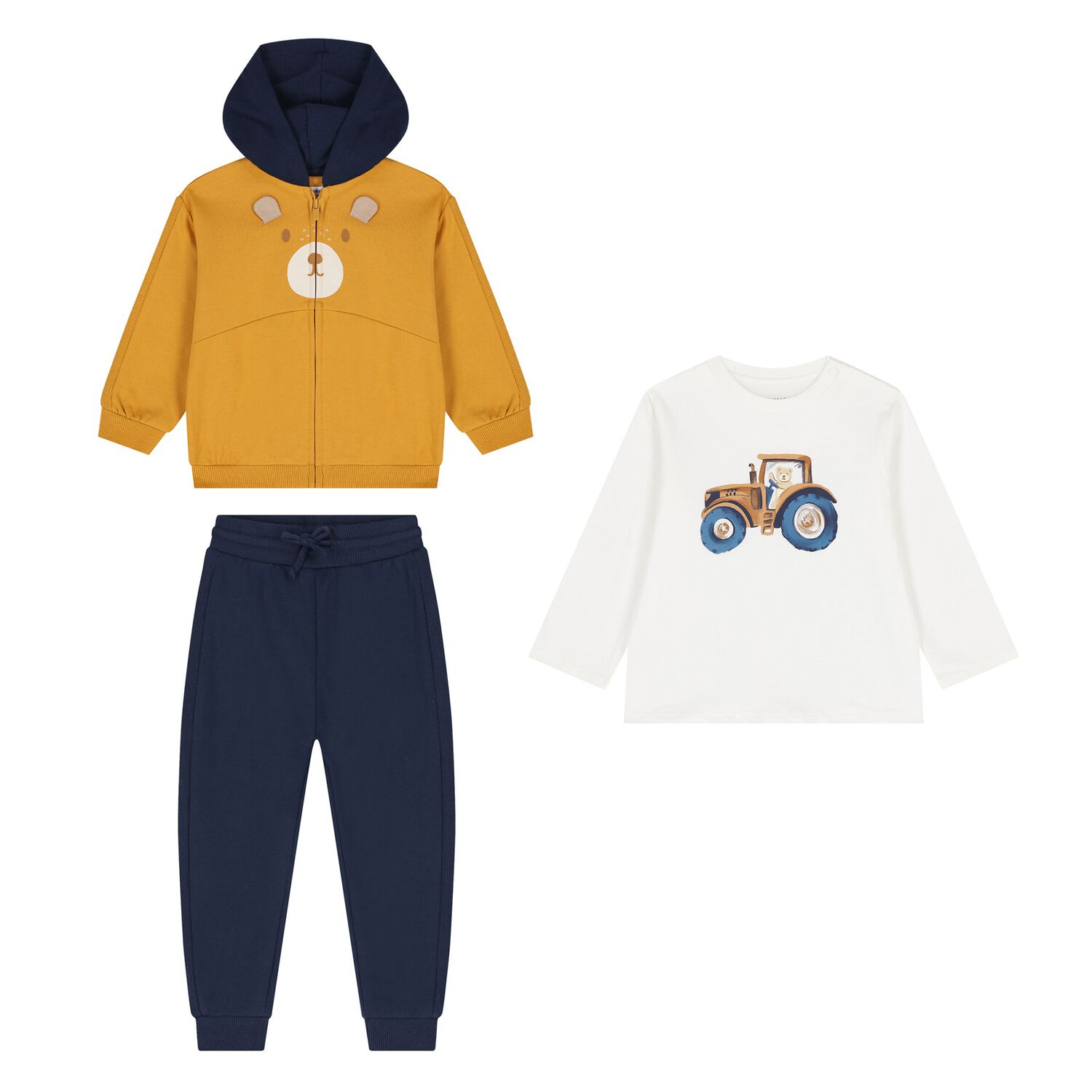 Younger Boys Ivory, Yellow & Navy Blue Teddy Bear Tracksuit Set (3 Piece), 1, hi-res