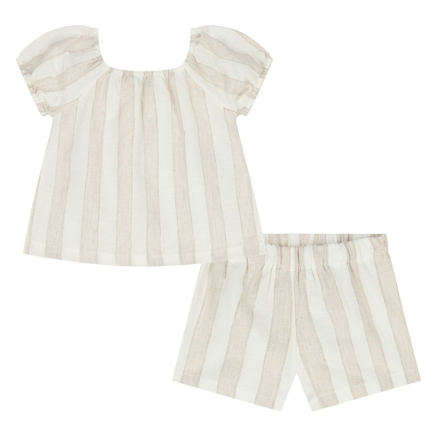 Younger Girls Beige & White Striped Shorts Set, 1, hi-res