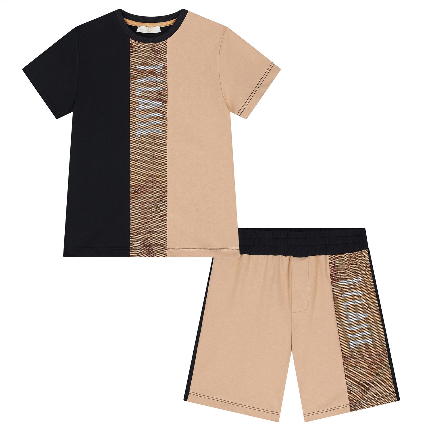 Boys Black & Beige Geo Map Shorts Set, 1, hi-res