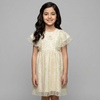 Girls Ivory & Gold Logo Embroidered Dress