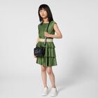 Girls Green Logo Pleated Satin Dress , 2, hi-res