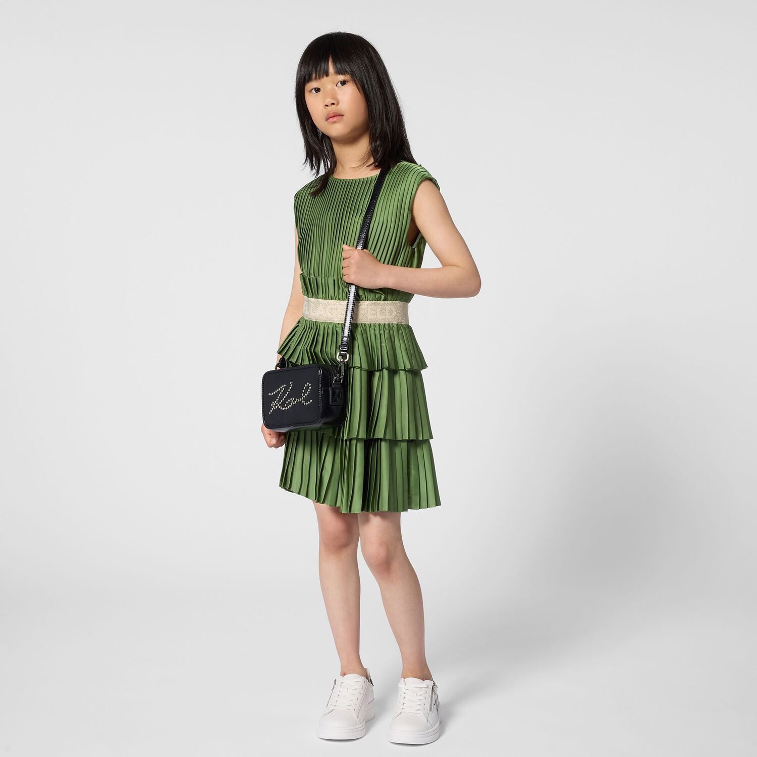 Girls Green Logo Pleated Satin Dress , 2, hi-res