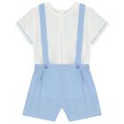 Baby Boys White & Blue Smart Dungaree Set, 2, hi-res