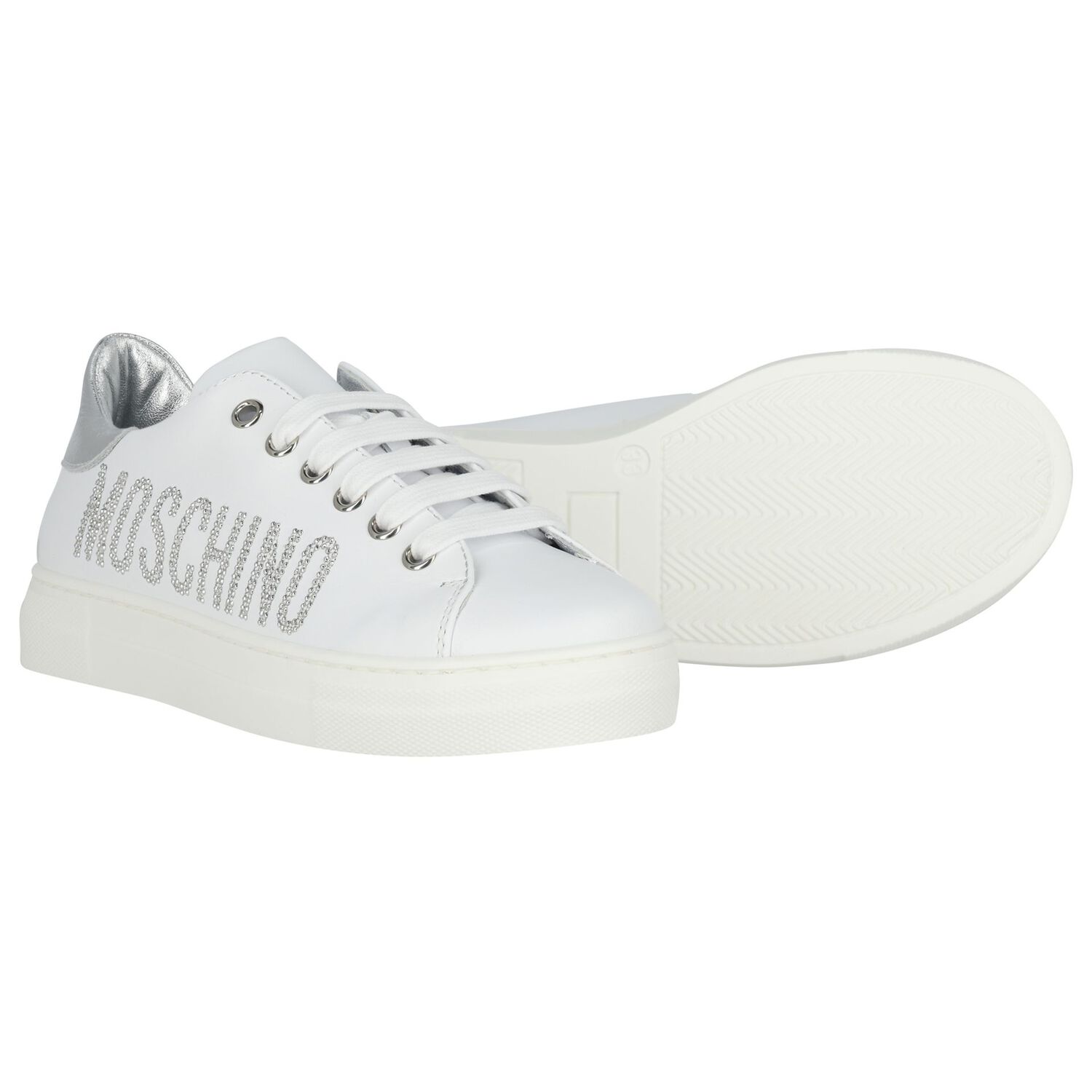 Girls White & Silver Logo Trainers, 1, hi-res
