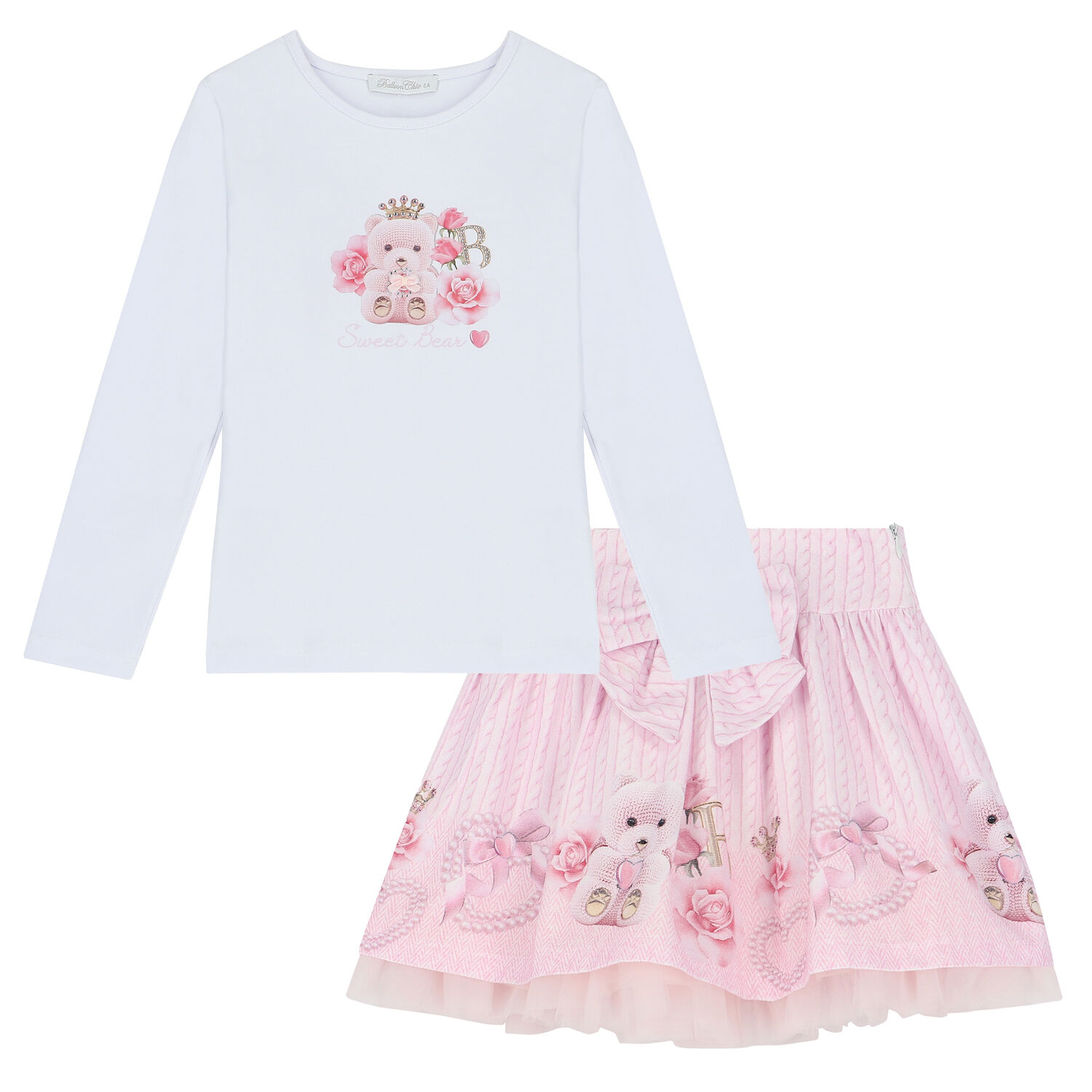 Girls White & Pink Teddy Skirt Set, 1, hi-res