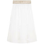 Girls White Pleated Logo Skirt, 1, hi-res