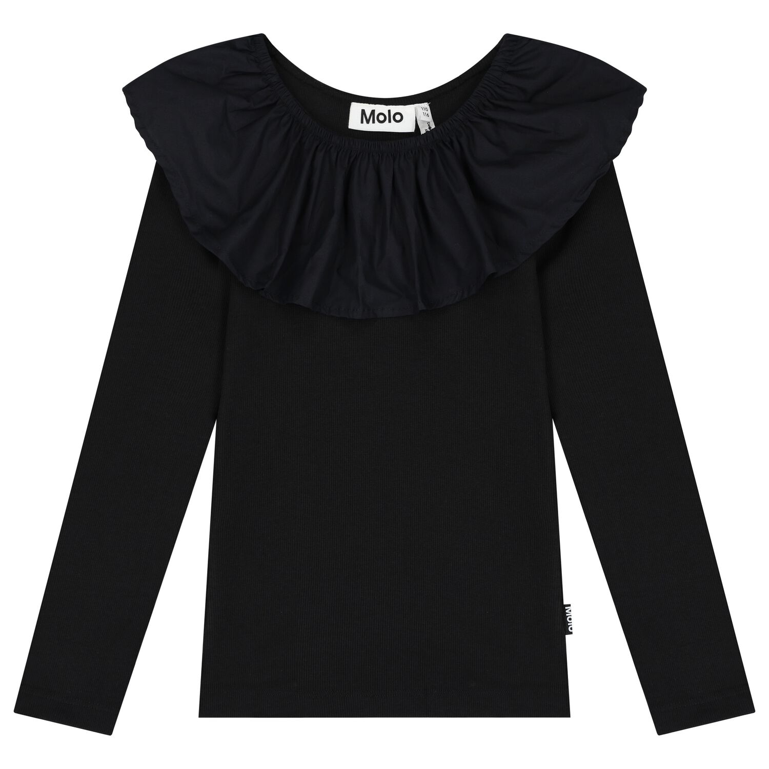 Girls Black Ruffle Long Sleeve Top, 1, hi-res