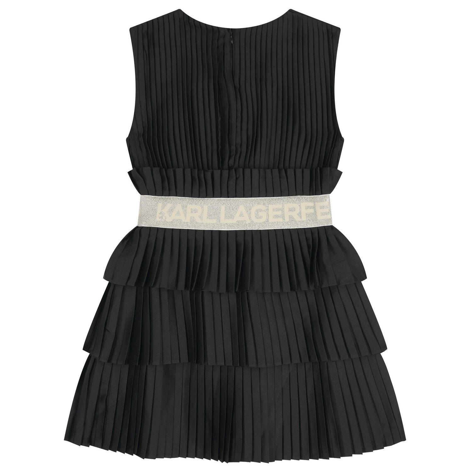 Girls Black Logo Pleated Satin Dress , 1, hi-res