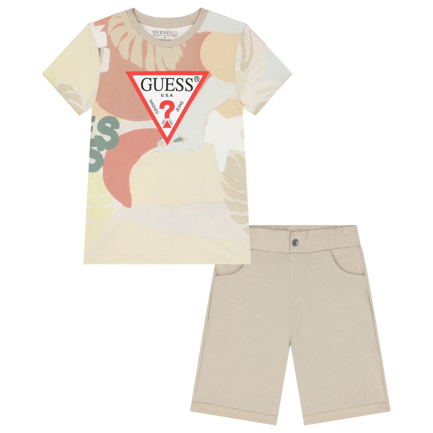 Boys Beige Logo Shorts Set, 1, hi-res