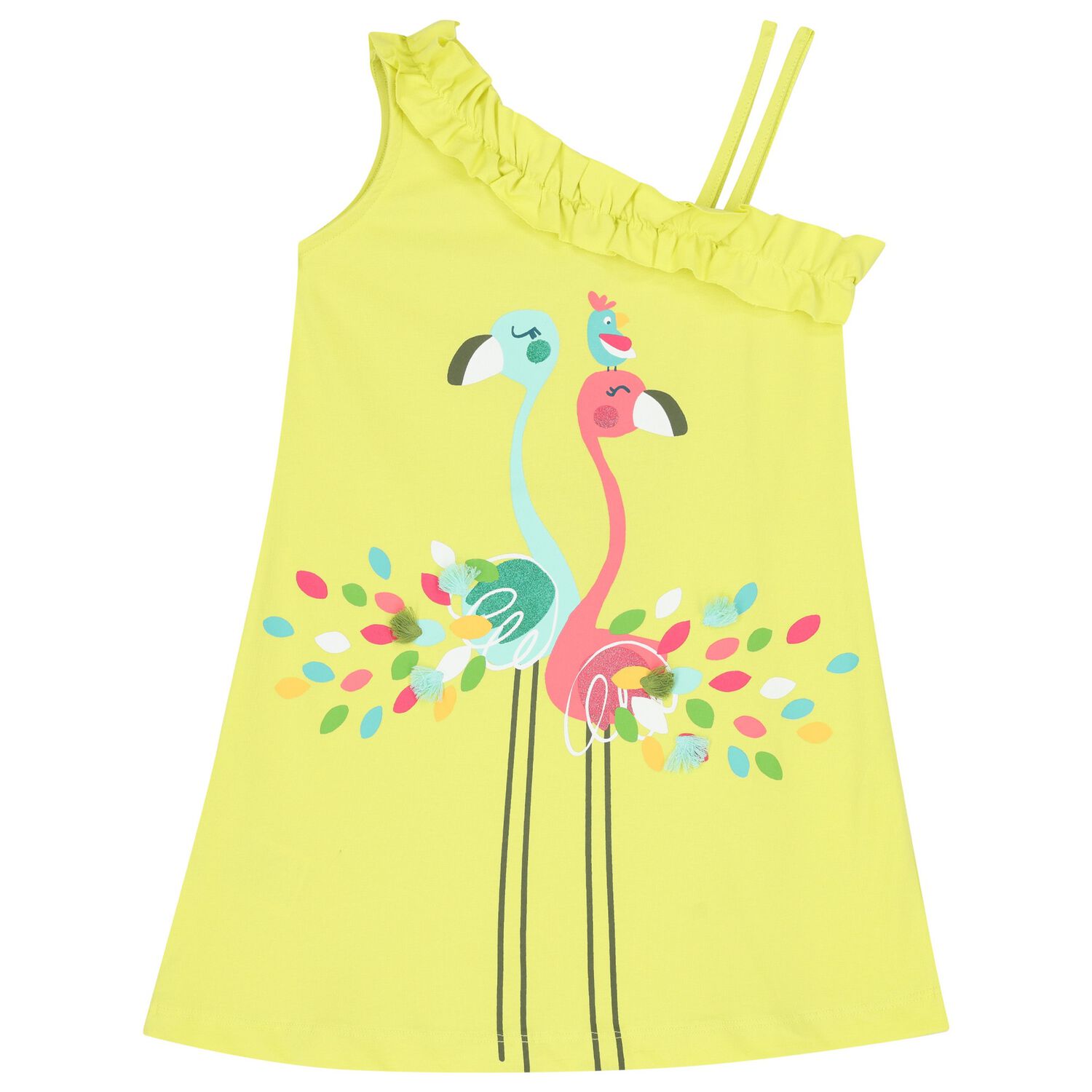 Girls Green Flamingo Dress, 2, hi-res