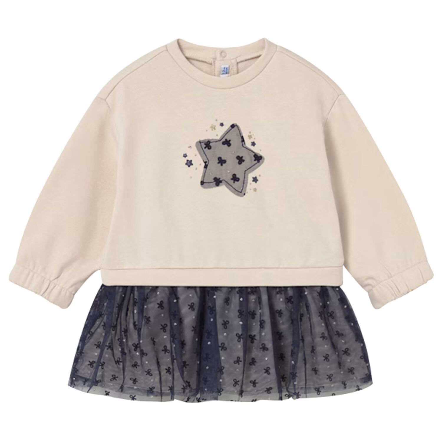 Younger Girls Beige & Navy Blue Star Dress, 2, hi-res image number null