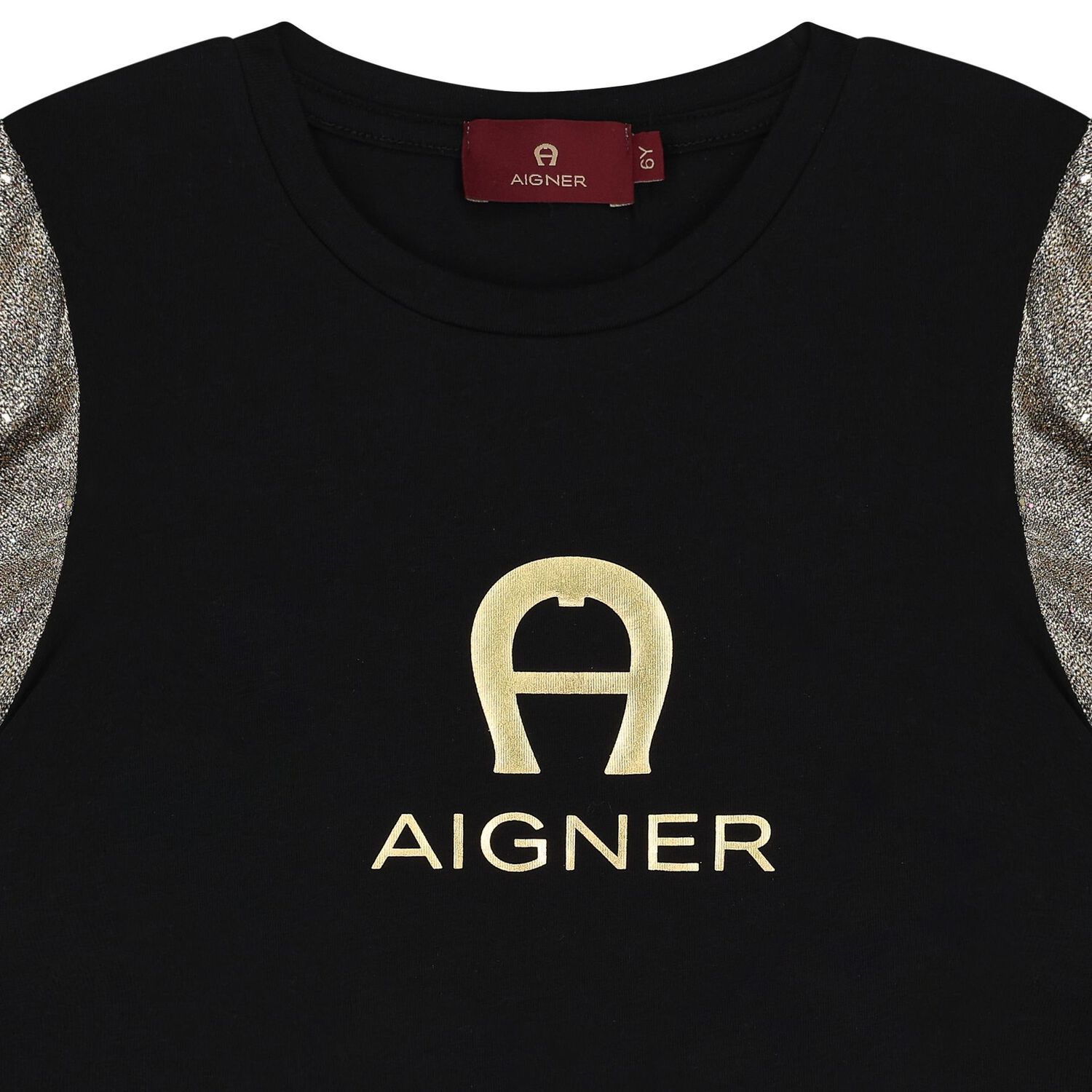 Girls Black & Gold Logo Dress, 1, hi-res