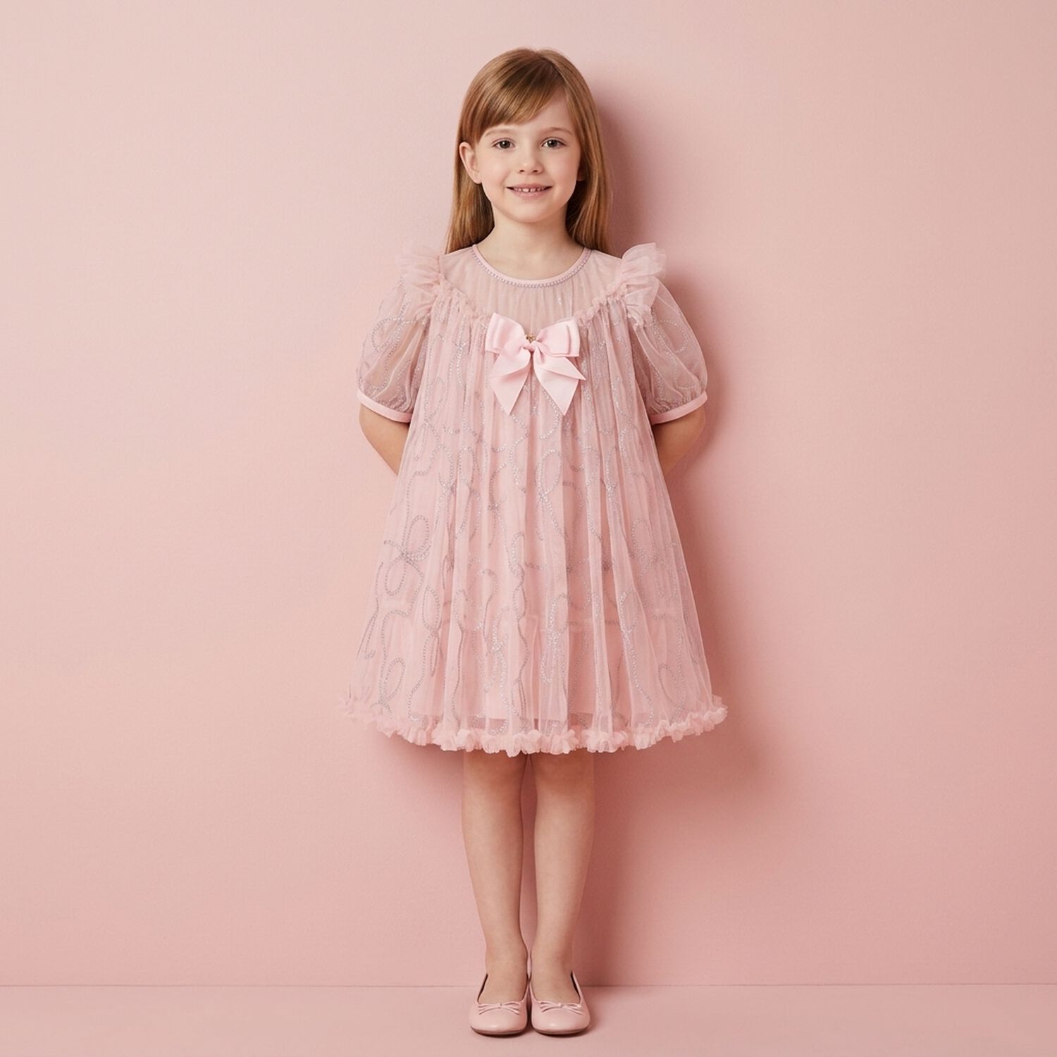 Girls Pink Embellished Tulle Dress, 1, hi-res