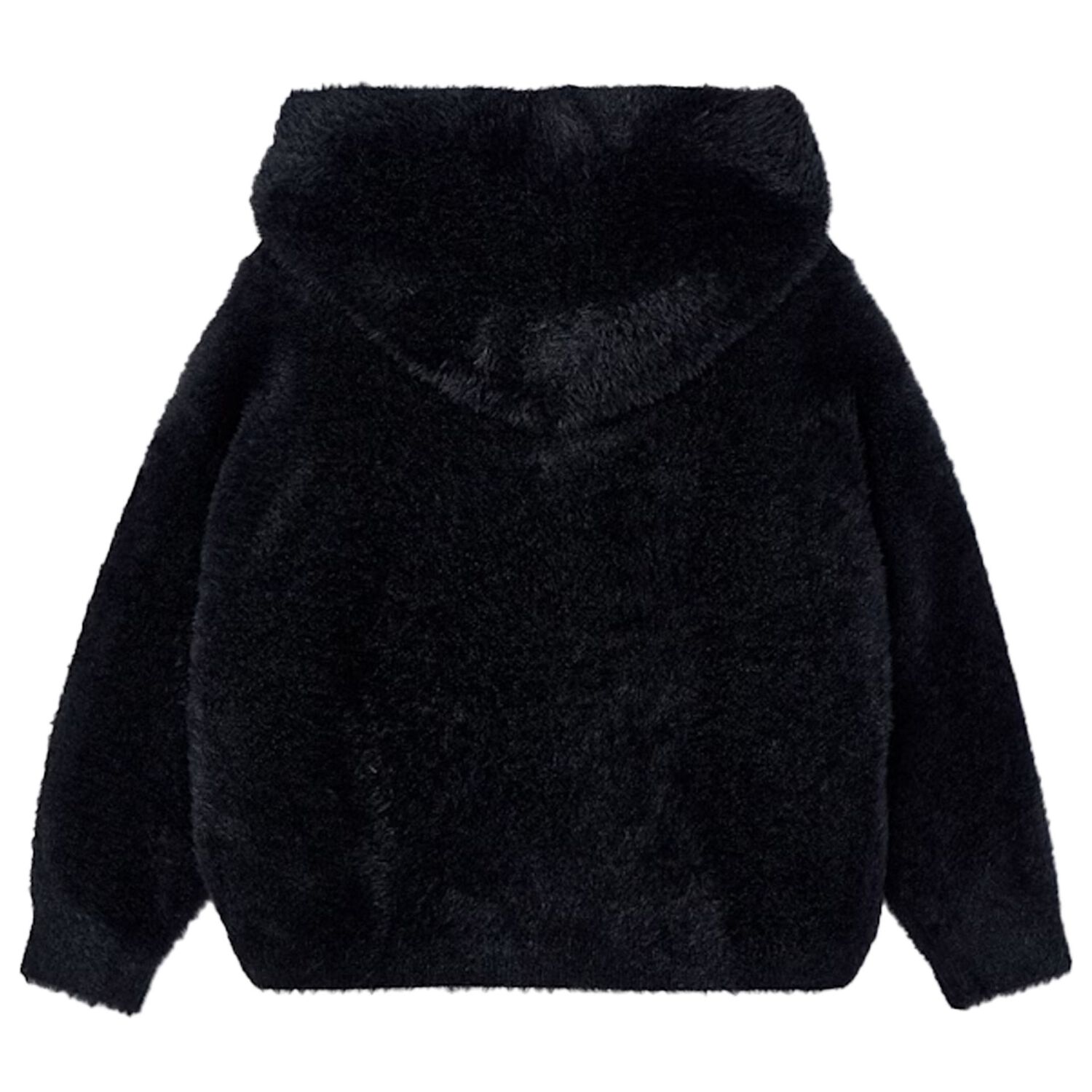 Girls Black Fluffy Knit Hooded Zip Up Top, 1, hi-res