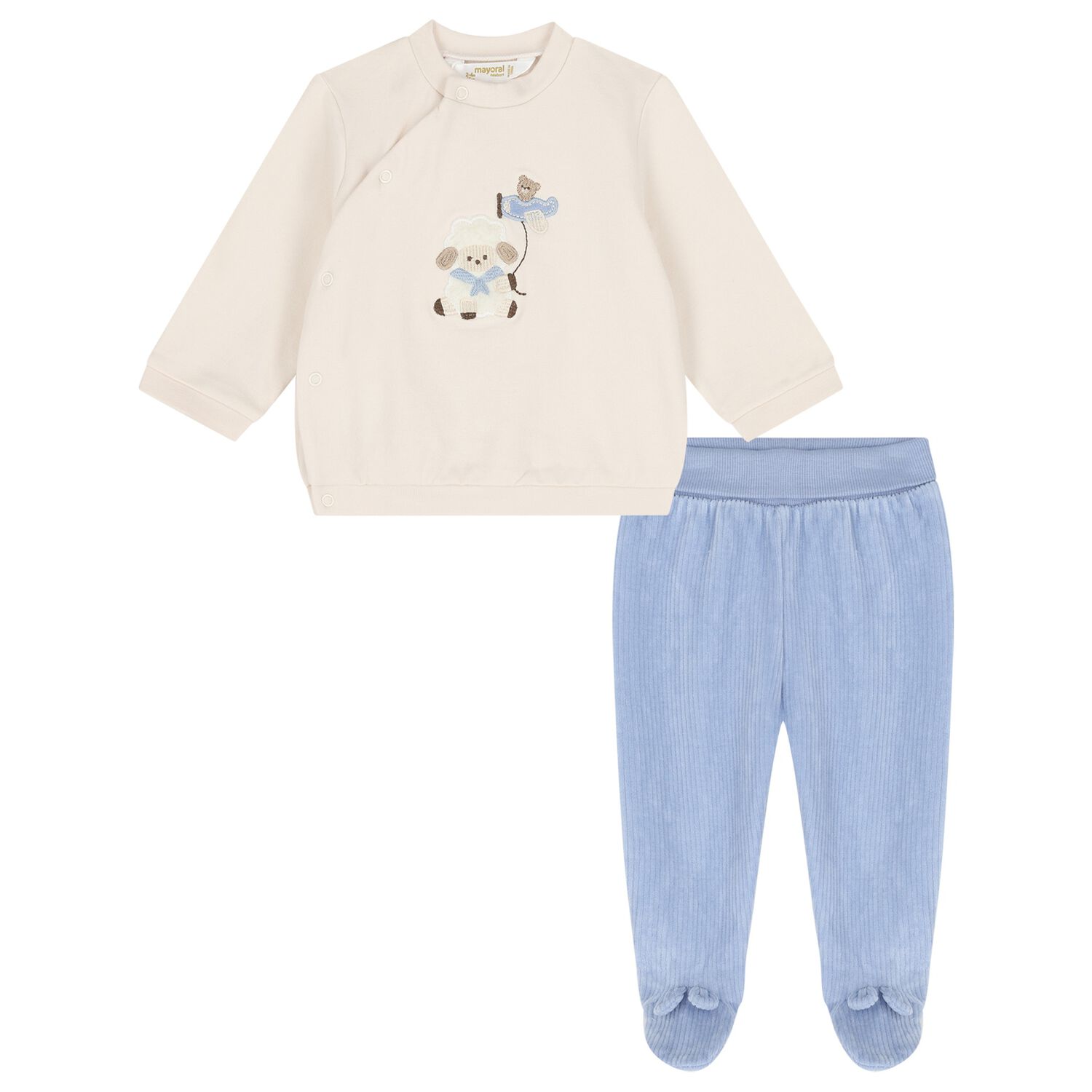 Baby Boys Beige & Blue Sheep & Teddy Bear 2 Piece Babygrow, 1, hi-res