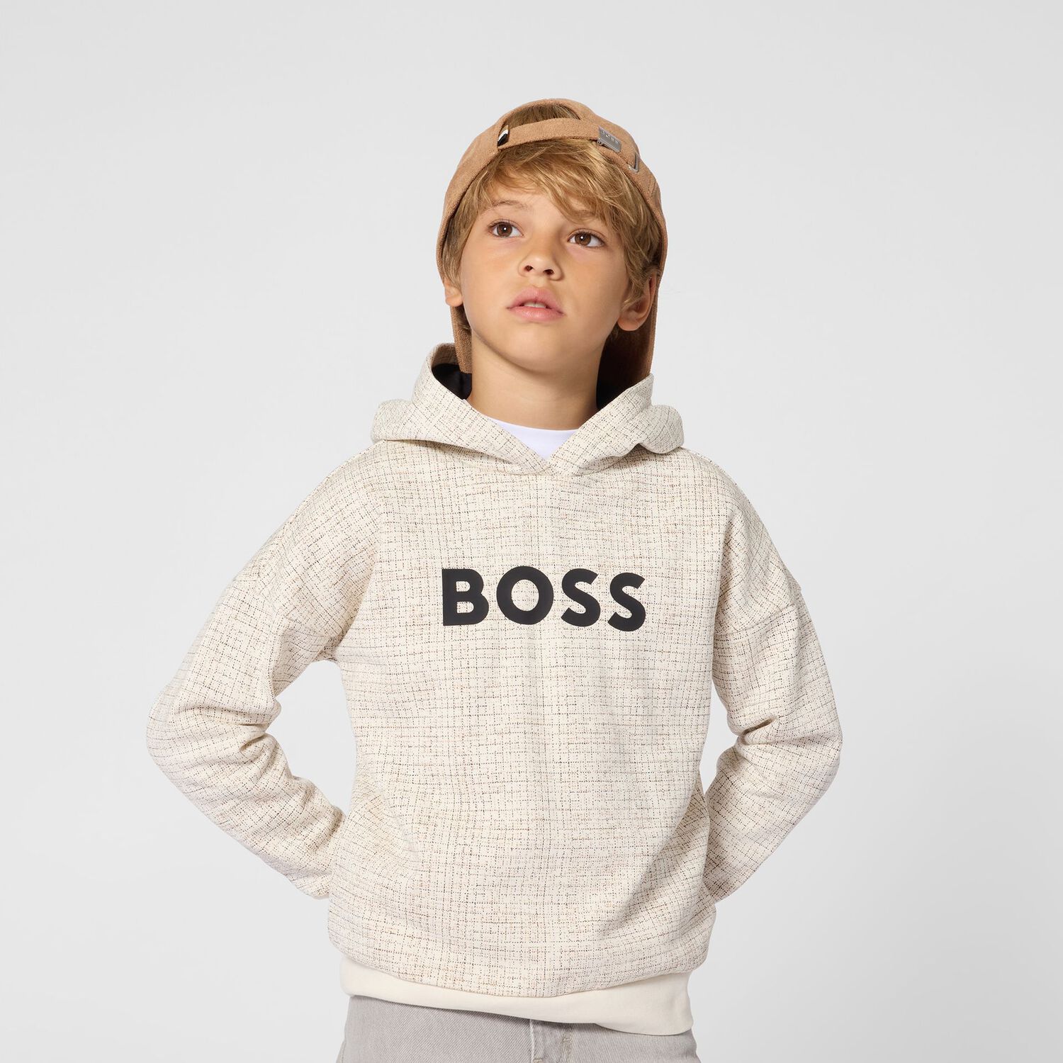 Boys Ivory Logo Hooded Top, 1, hi-res