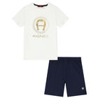 Boys Ivory & Navy Short Pyjamas, 1, hi-res