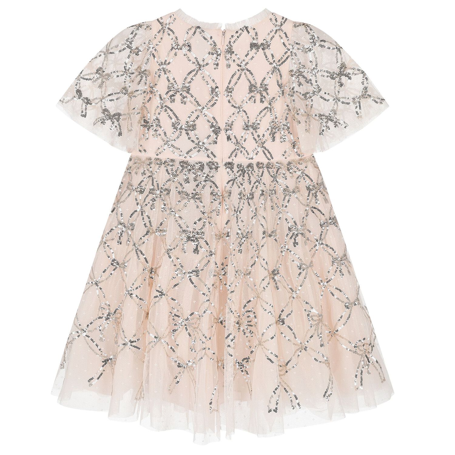 Girls Pink Bow Lattice Sequin Tulle Dress, 2, hi-res