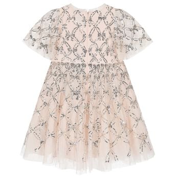 Girls Pink Bow Lattice Sequin Tulle Dress