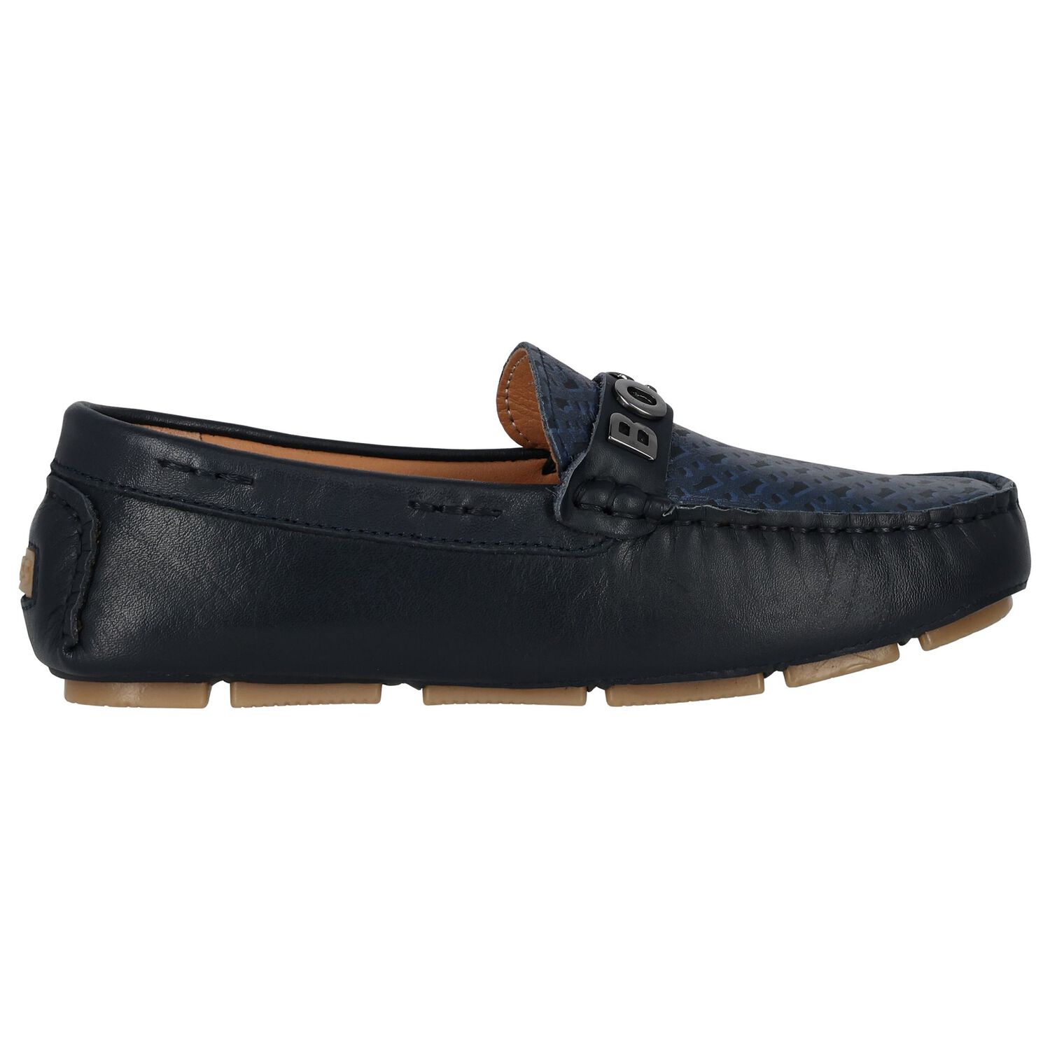 Boys Navy Blue Logo Moccasins, 2, hi-res
