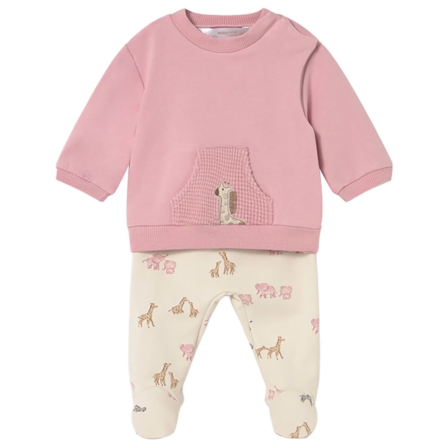 Baby Girls Pink & Beige Safari Animal 2 Piece Babygrow, 1, hi-res