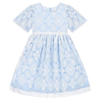 Girls Blue & White Embroidered Tulle Dress