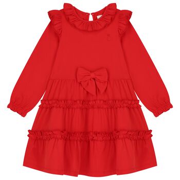 Girls Red Bow Ruffled Dress