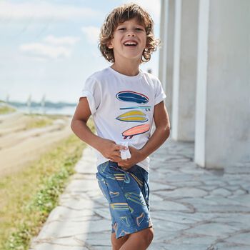 Boys White & Blue Surf Board Shorts Set