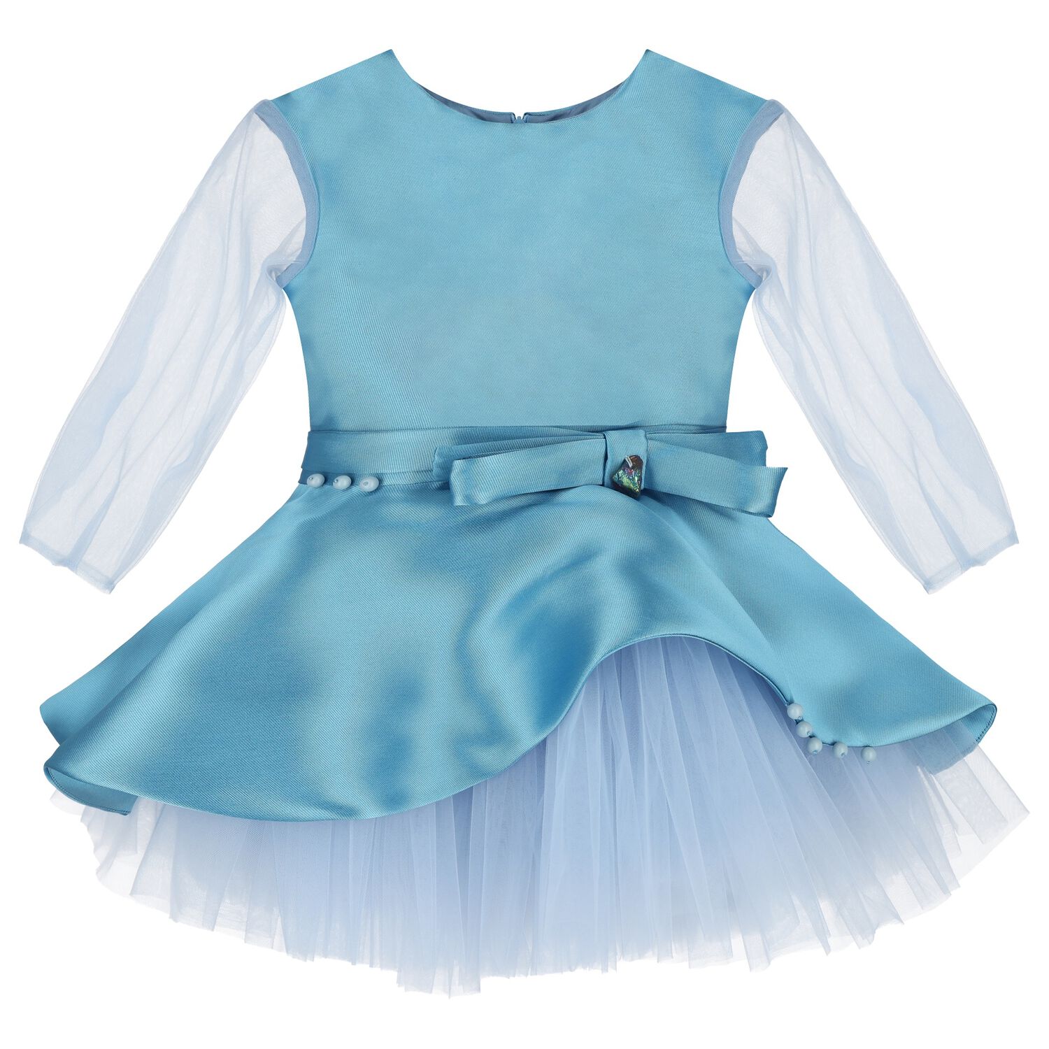 Girls Blue Satin & Tulle Dress, 1, hi-res