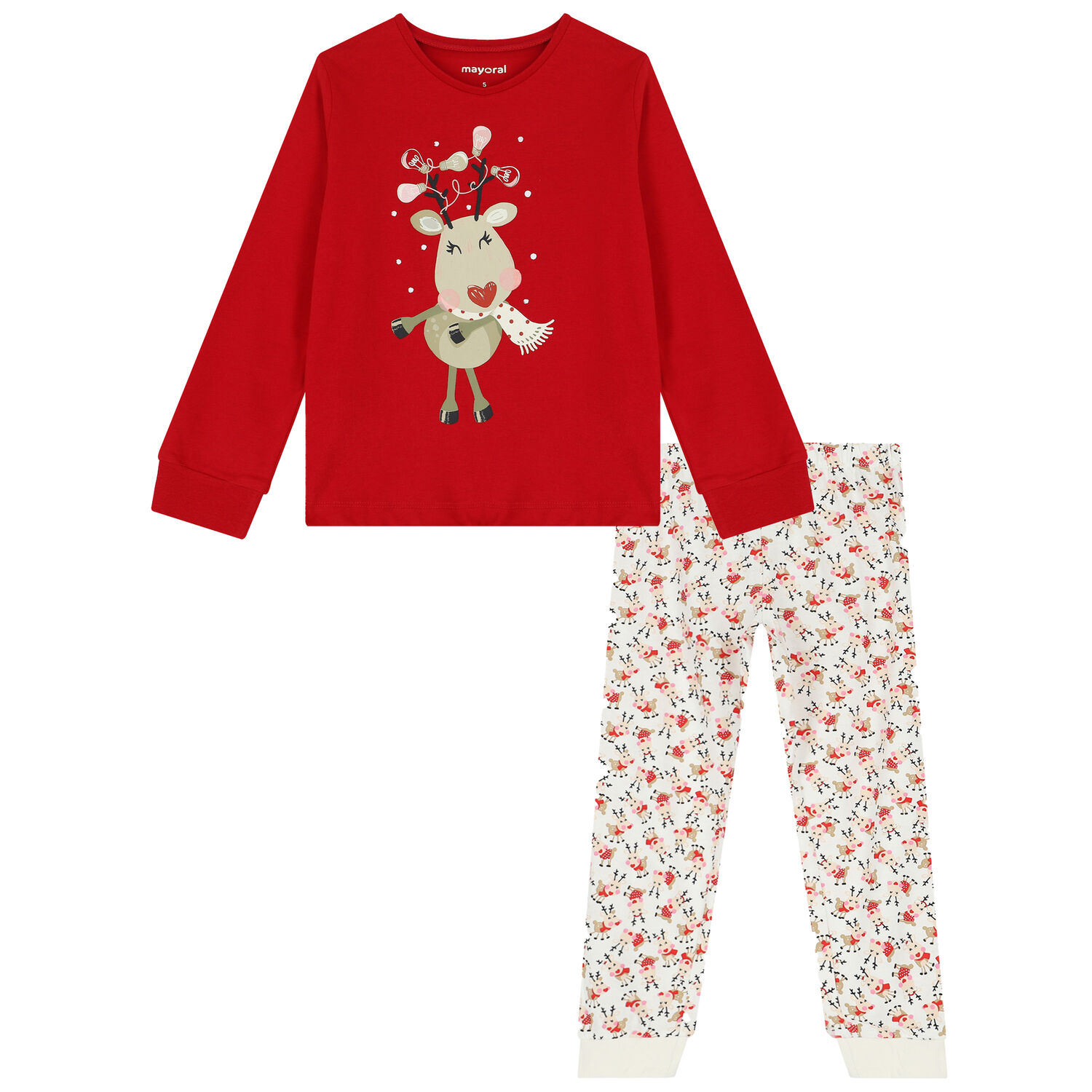 Girls Red & White Reindeer Pyjamas, 1, hi-res