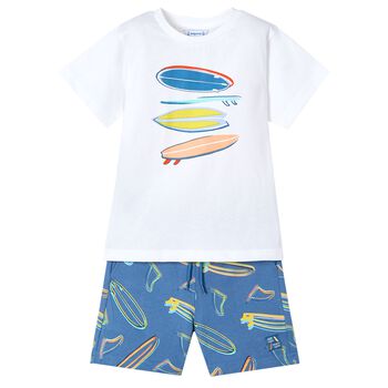Boys White & Blue Surf Board Shorts Set