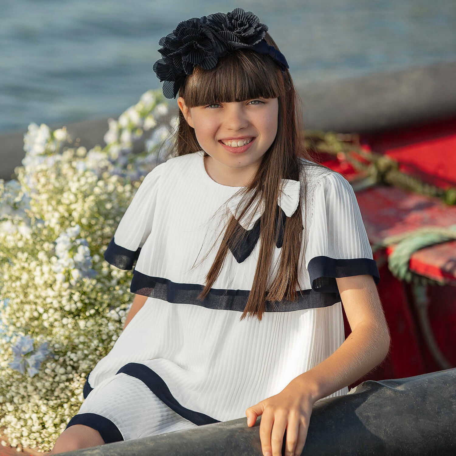 Girls White Tiered Pleated Dress, 1, hi-res image number null