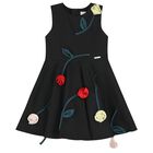 Girls Black Rose Satin Dress, 2, hi-res