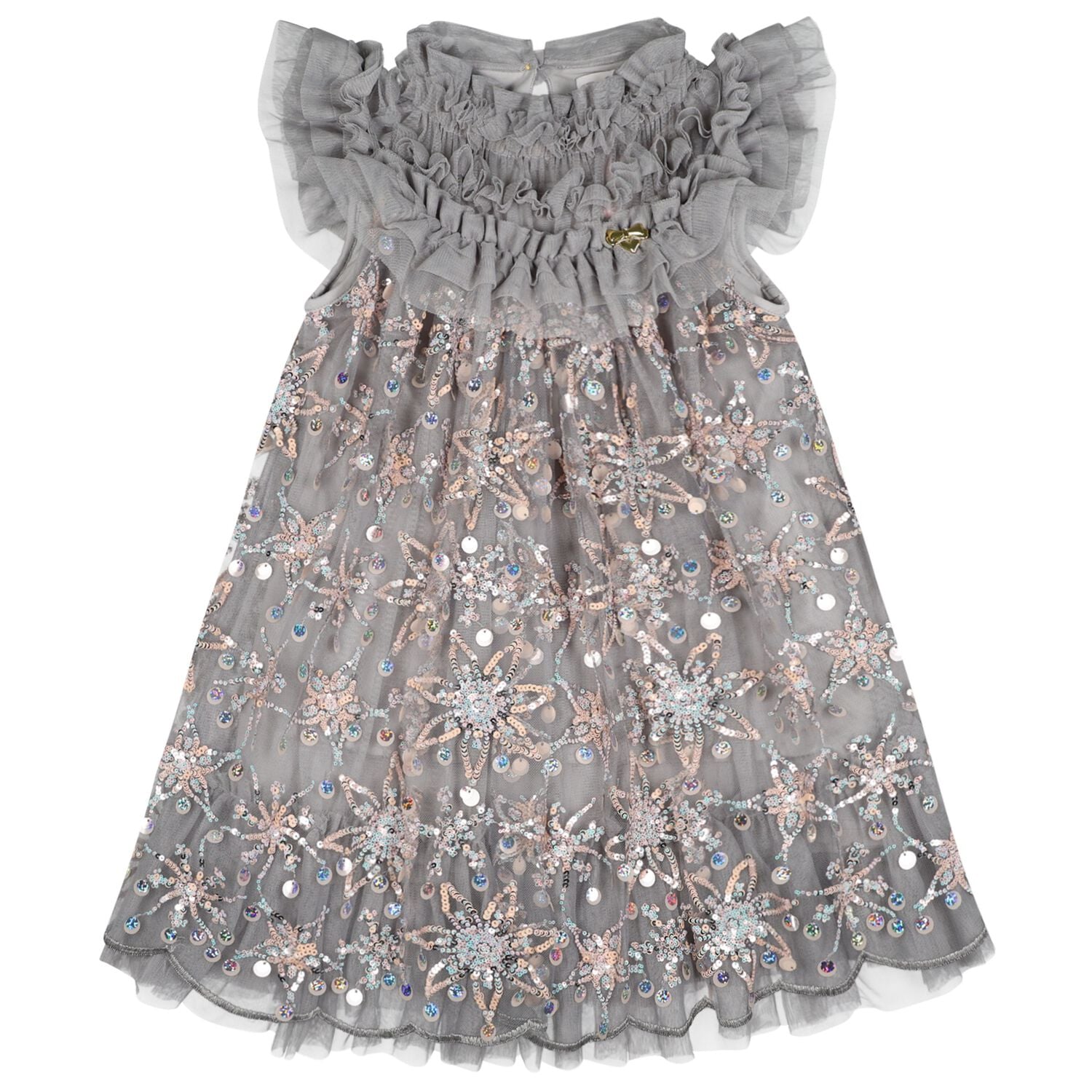 Girls Grey Flower Sequin Tulle Dominique Dress, 1, hi-res
