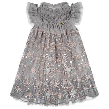 Girls Grey Flower Sequin Tulle Dominique Dress