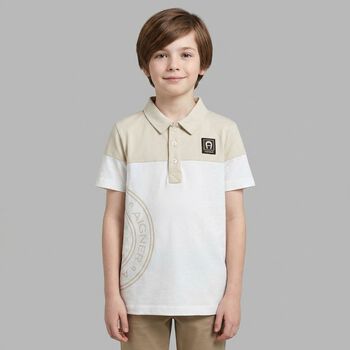 Boys White & Beige Logo Polo Shirt 