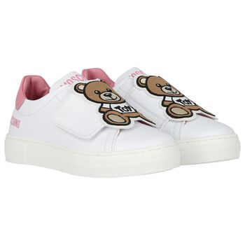 Girls White & Pink Teddy Bear Logo Trainers
