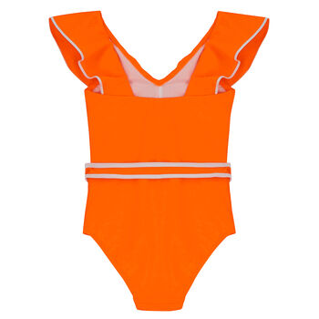 Girls Orange & White Frill Swimsuit