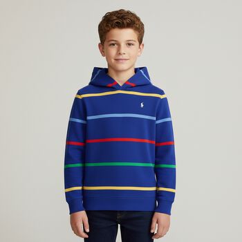 Boys Blue Logo Striped Hooded Top
