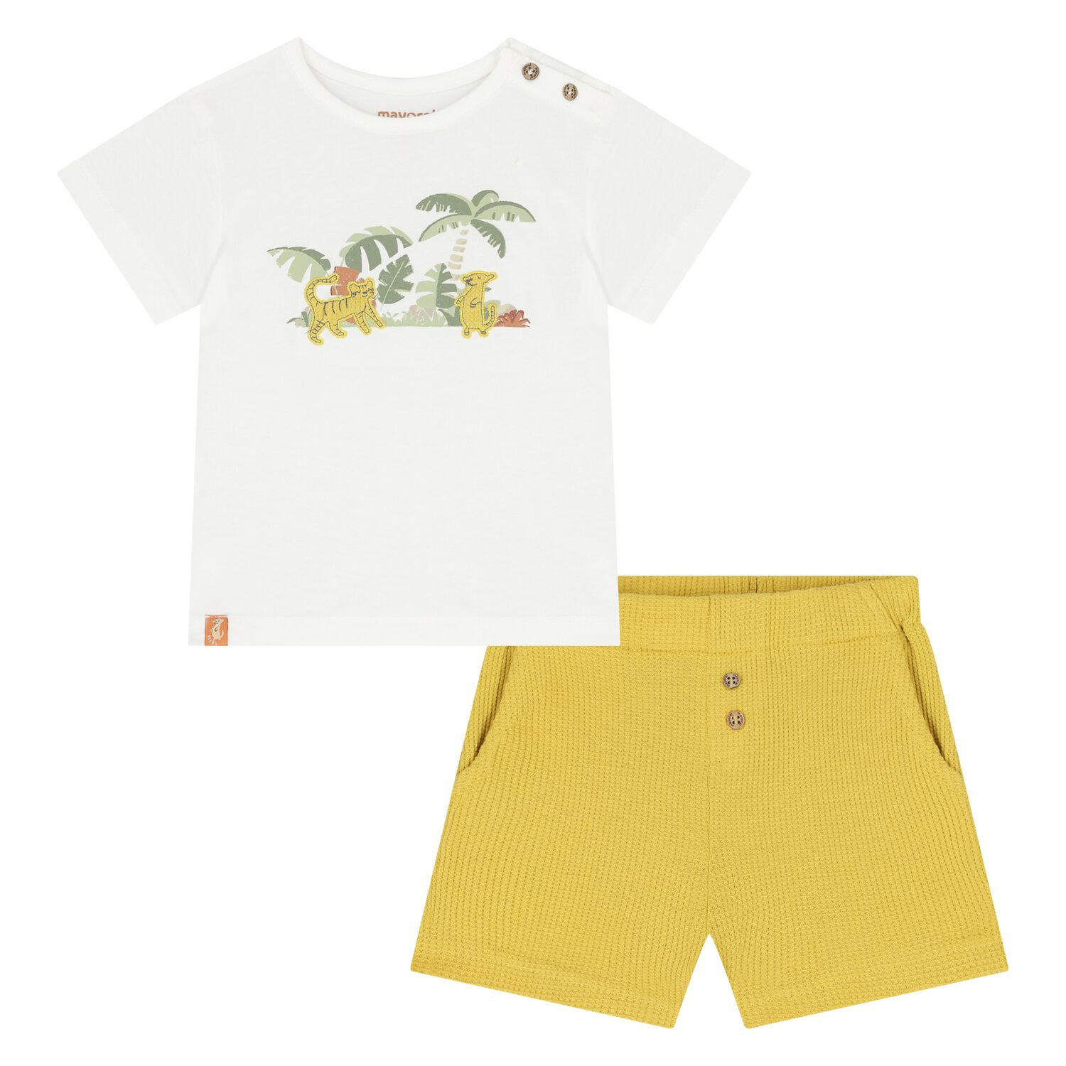 Younger Boys Yellow Cotton Jungle Shorts Set, 1, hi-res