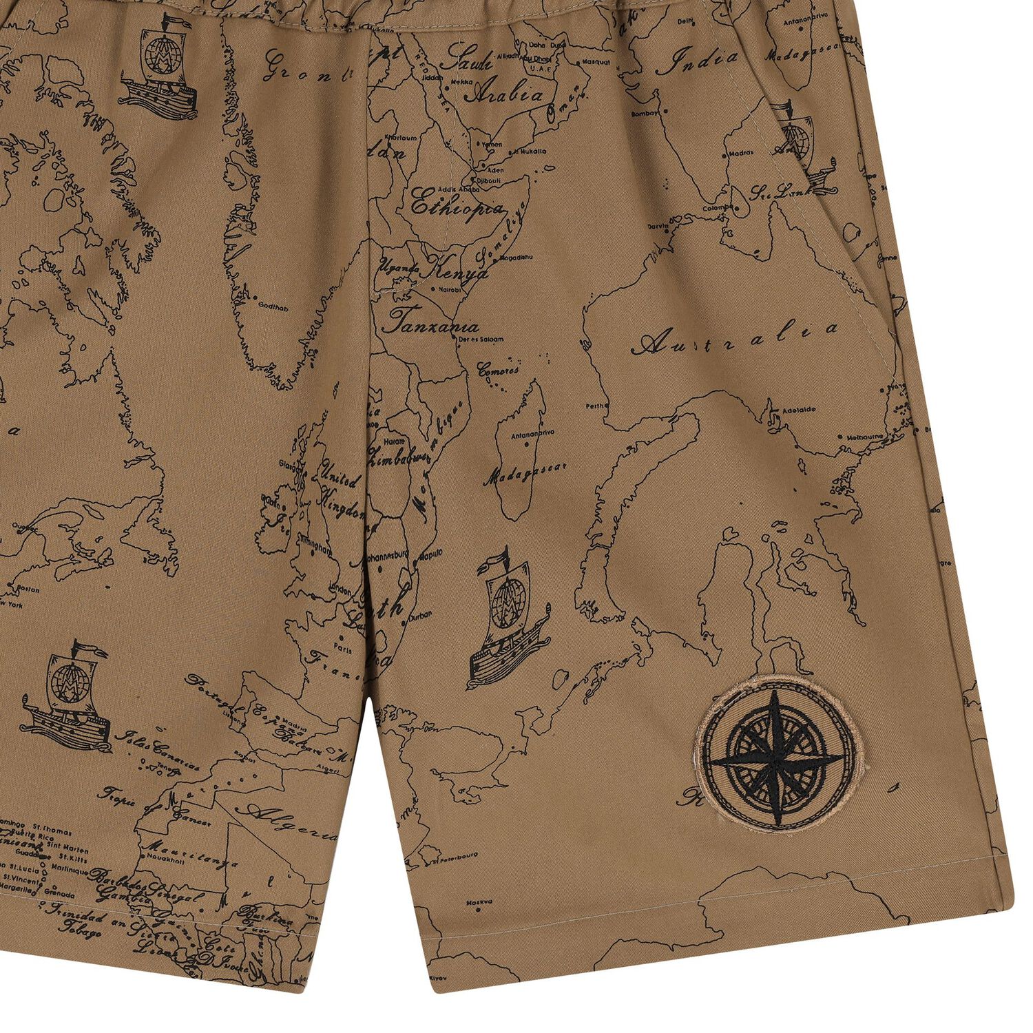 Boys Beige Compass Geo Map Shorts, 1, hi-res