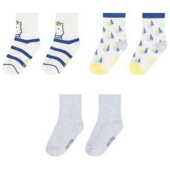 Baby Boys Ivory & Blue Boat Print Socks ( 3-Pack )
