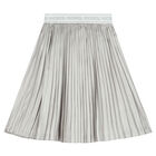 Girls Silver Pleated Logo Skirt, 1, hi-res