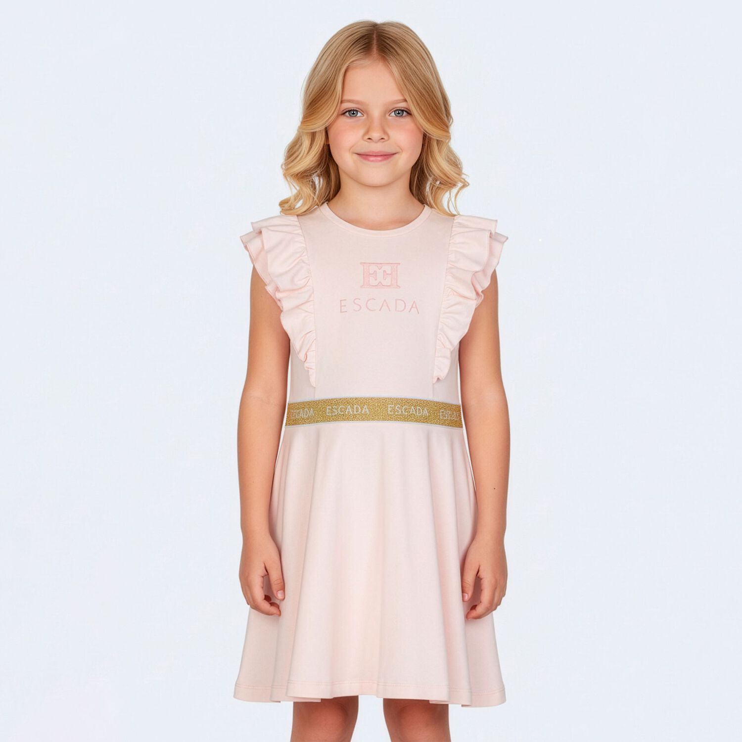 Girls Pink & Gold Logo Ruffled Dress, 2, hi-res